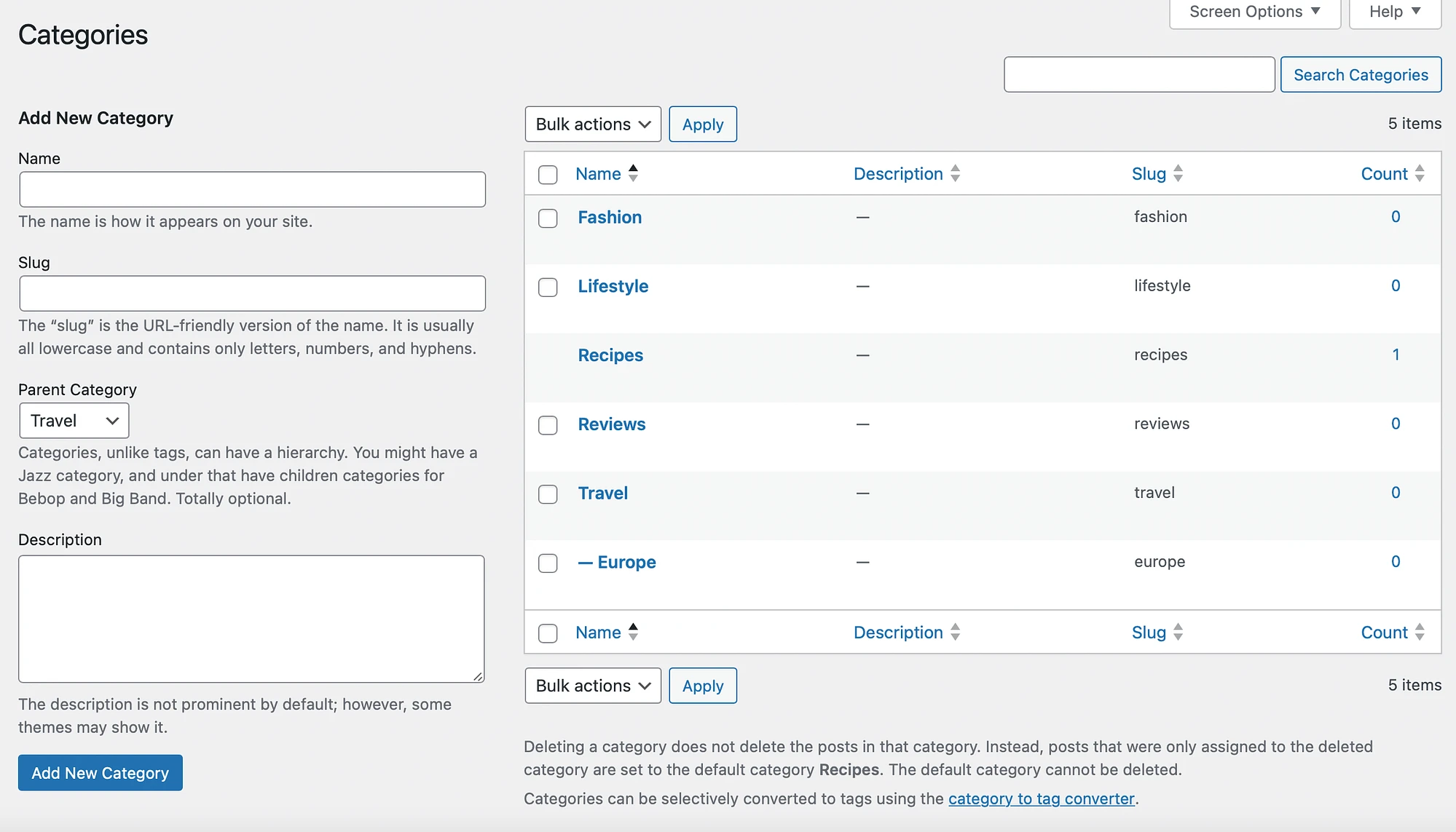 Aggiunta di una categoria secondaria tramite la dashboard di WordPress.