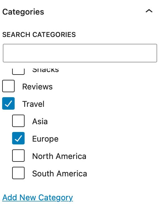 Ejemplo de categorías de WordPress de un blog de viajes.