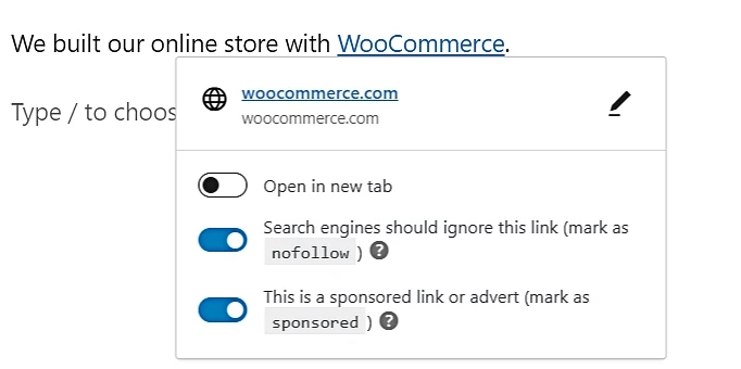 Un exemple d’attribut rel sponsorisé dans WordPress.