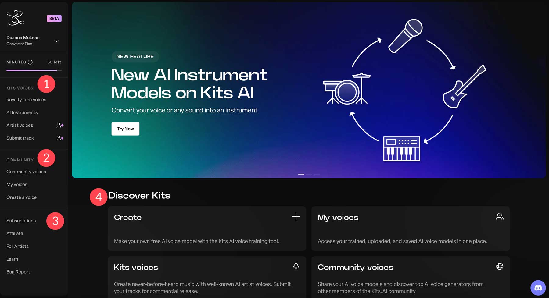 Kits.AI لوحة القيادة