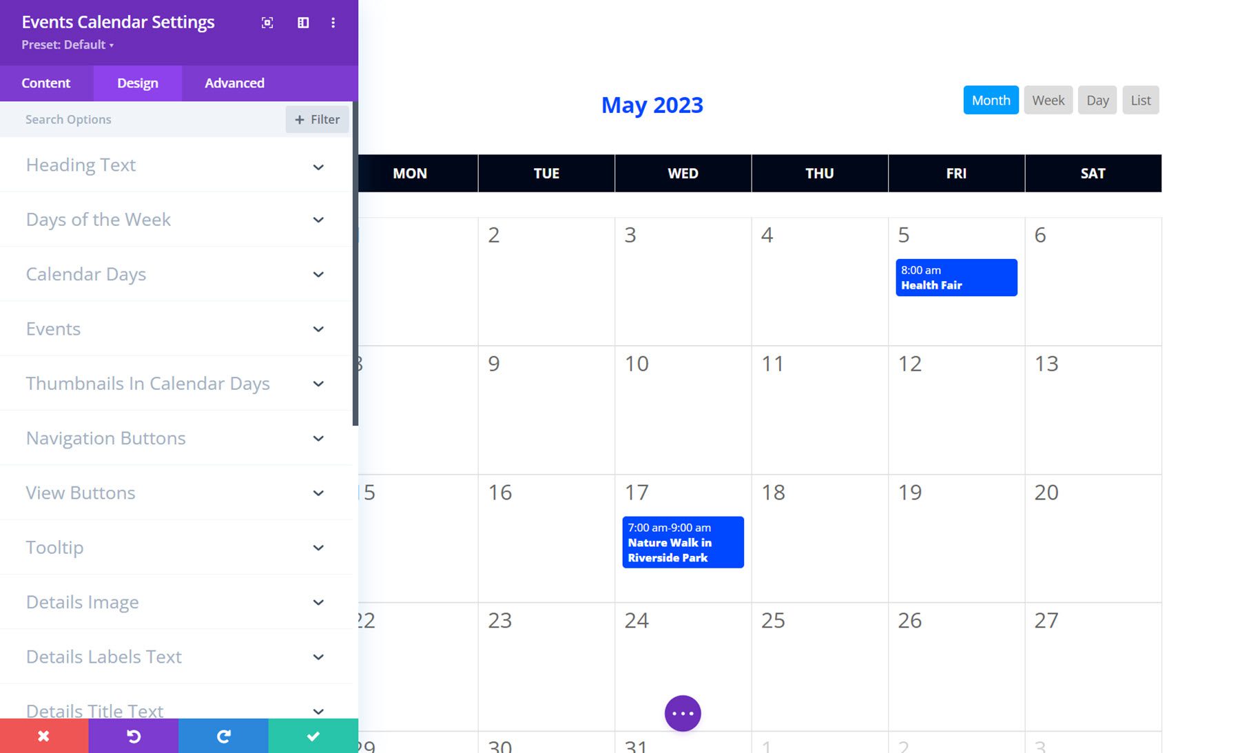 Impostazioni di progettazione del calendario degli eventi Divi