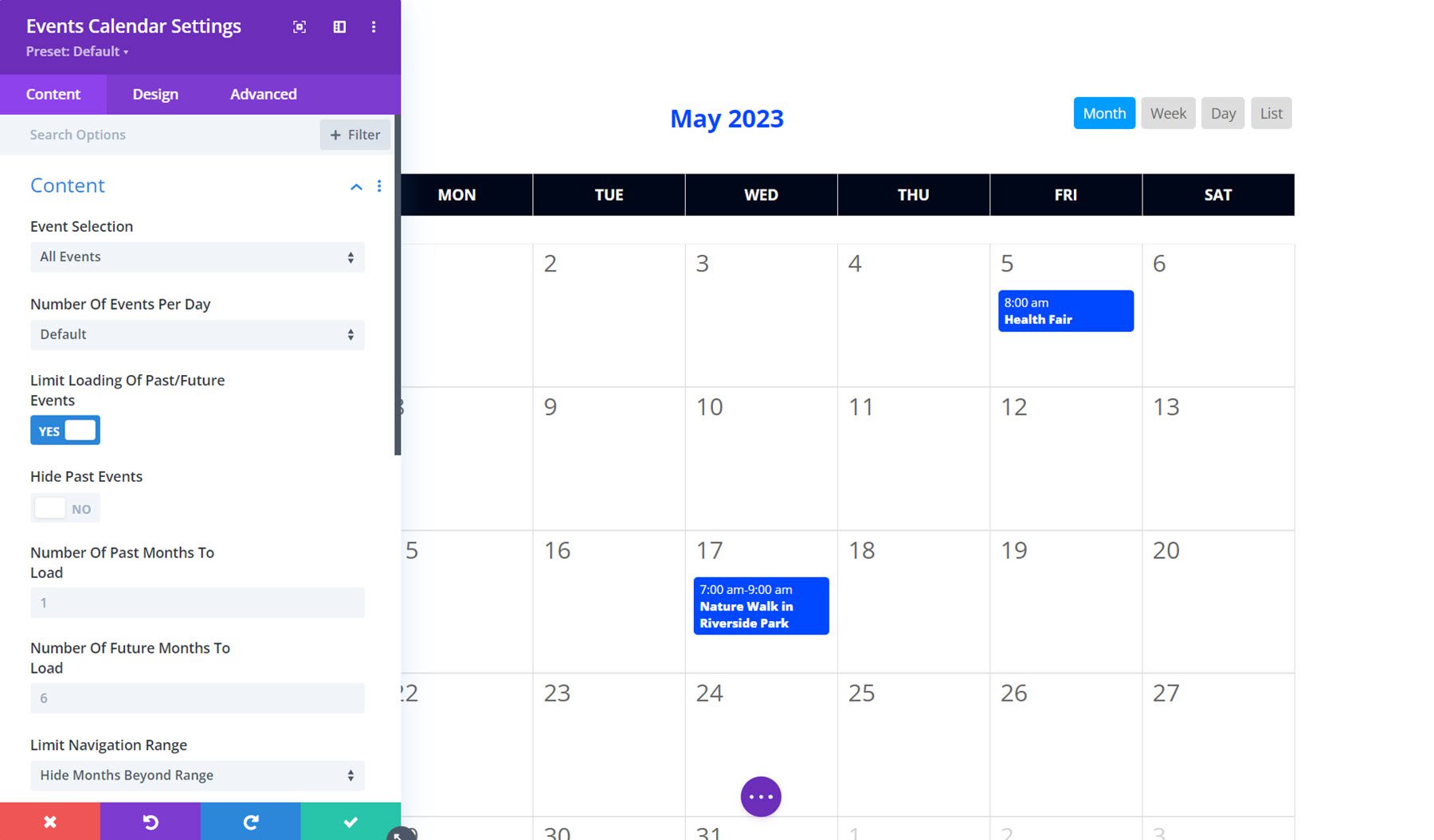 Contenido del calendario de eventos Divi