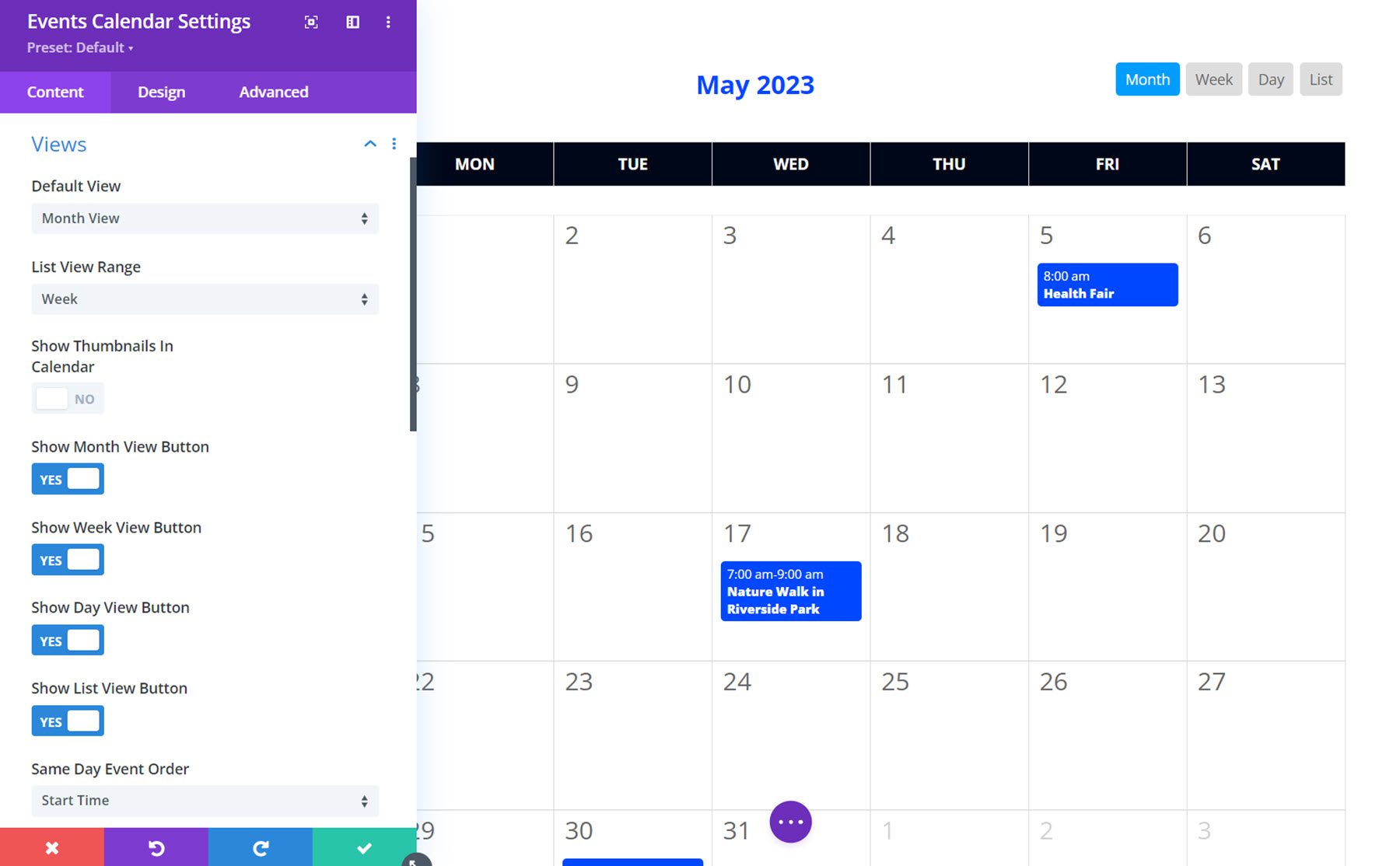 Visualizzazioni del calendario del calendario degli eventi Divi