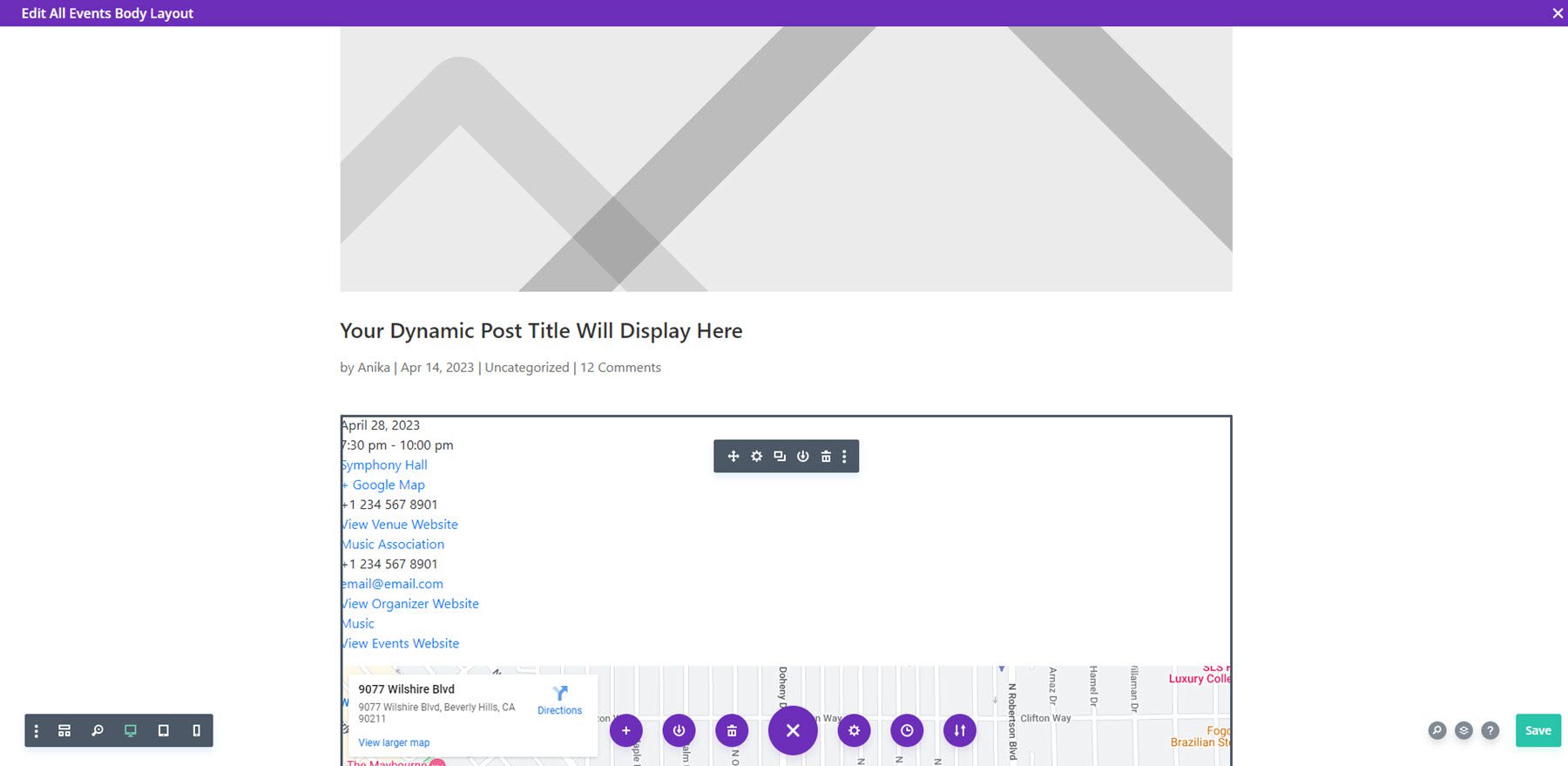 Layout di base del modulo pagina eventi del calendario degli eventi Divi