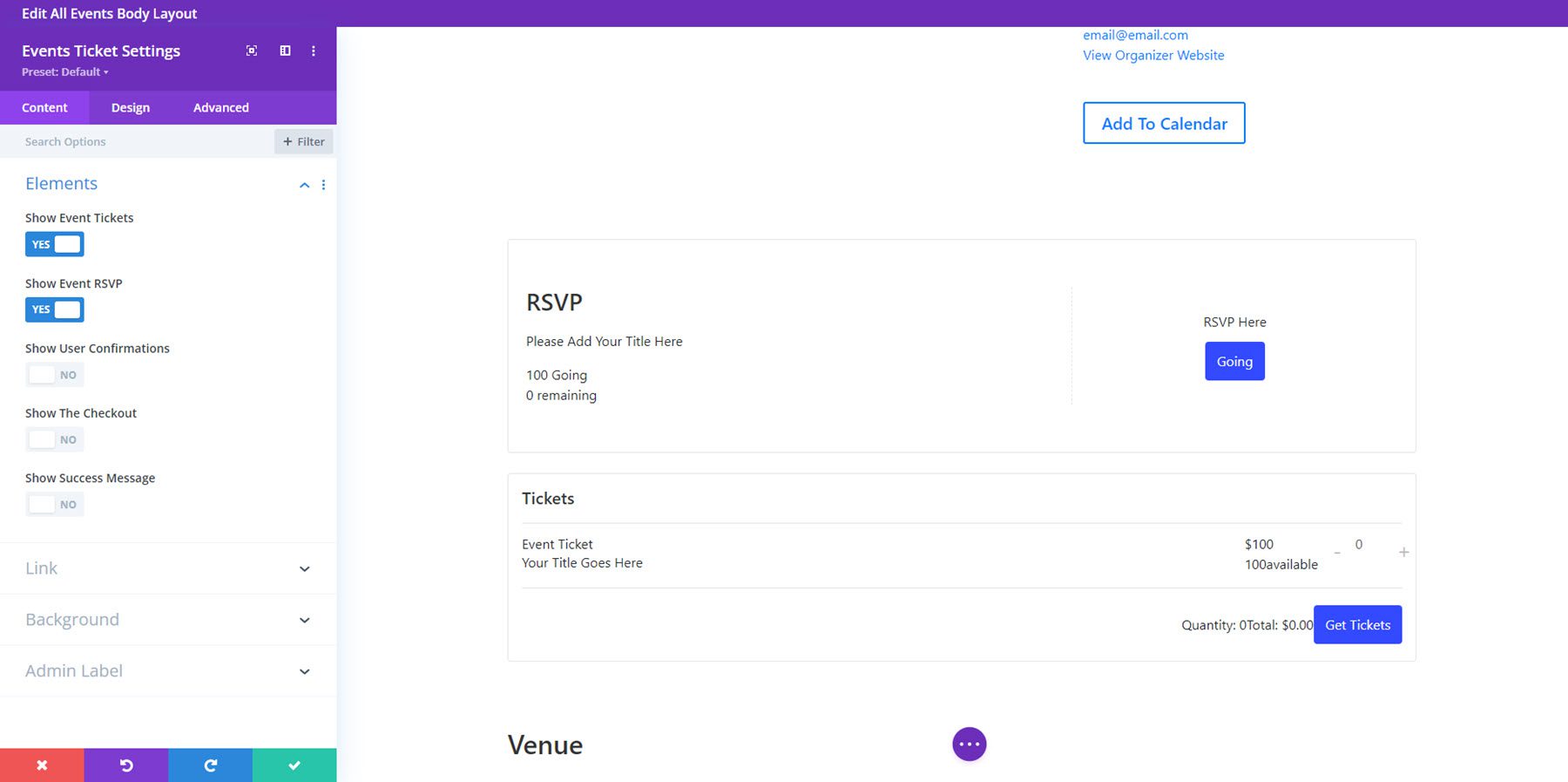 Configuración de entradas de eventos del calendario de eventos Divi