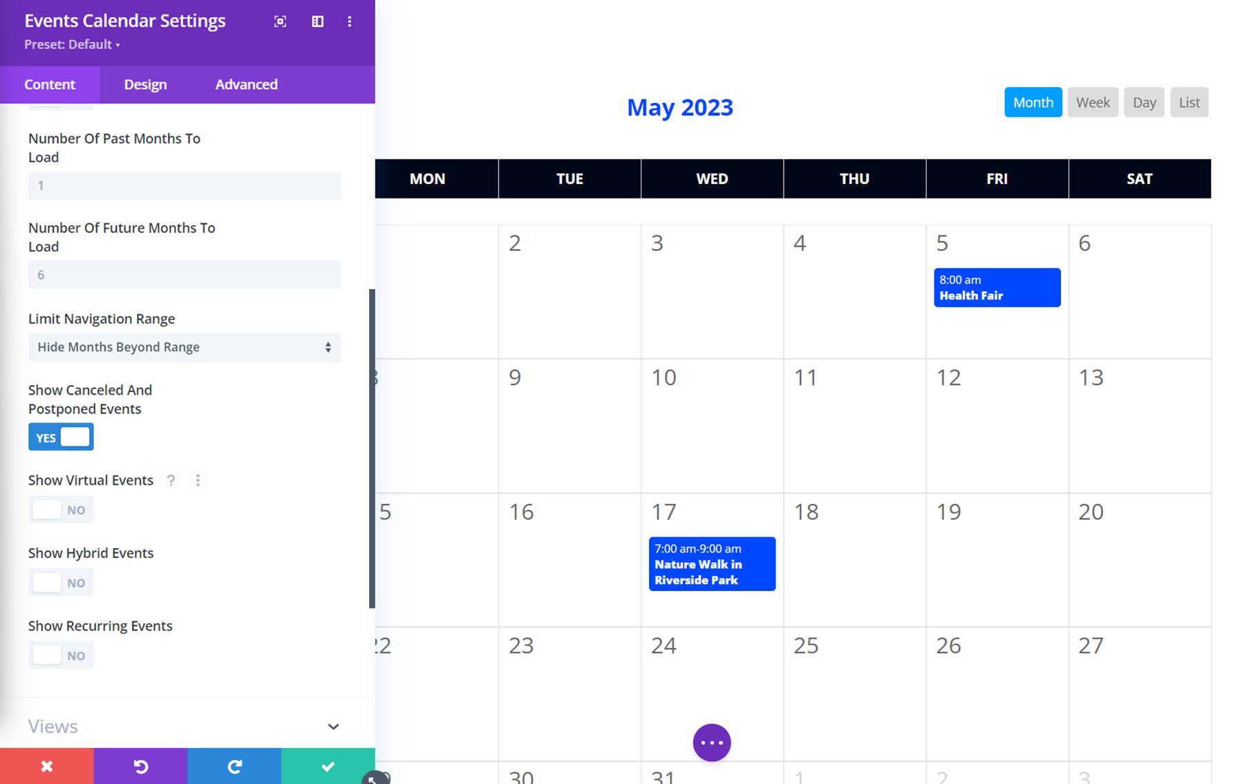 Contenido del calendario del calendario de eventos Divi 2