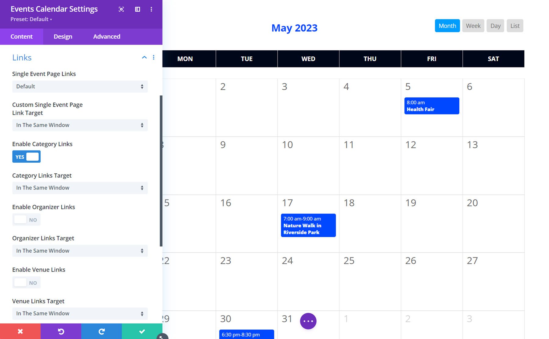 Calendario de eventos Divi Enlaces al calendario