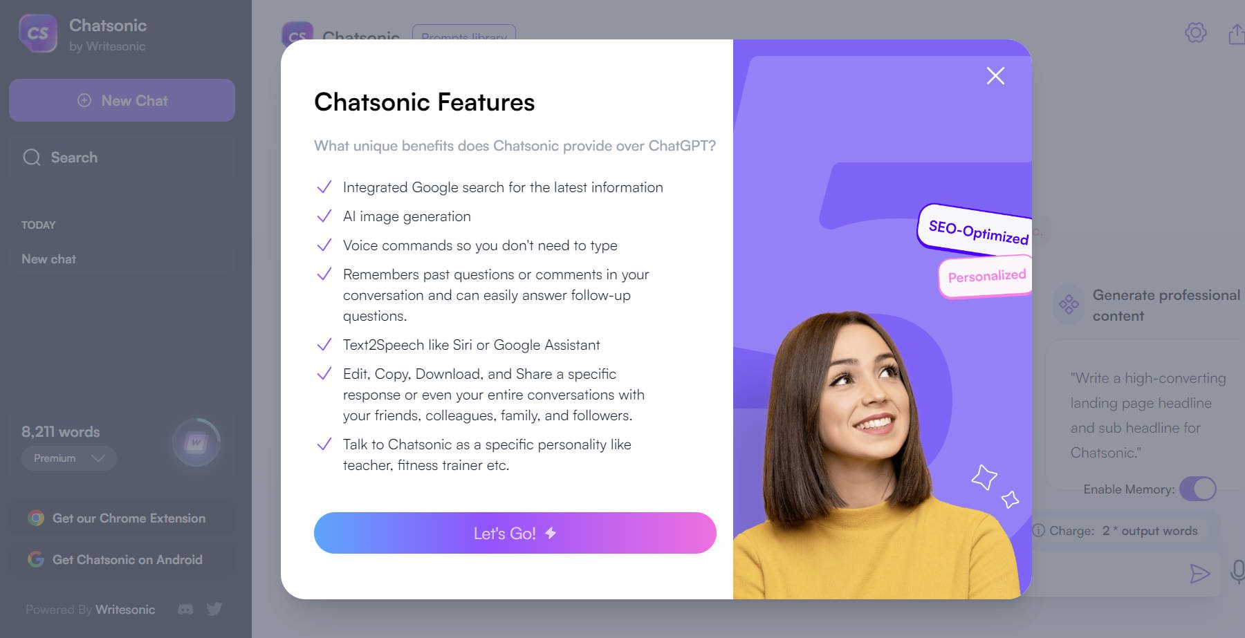 مراجعة قائمة ميزات Chatsonic