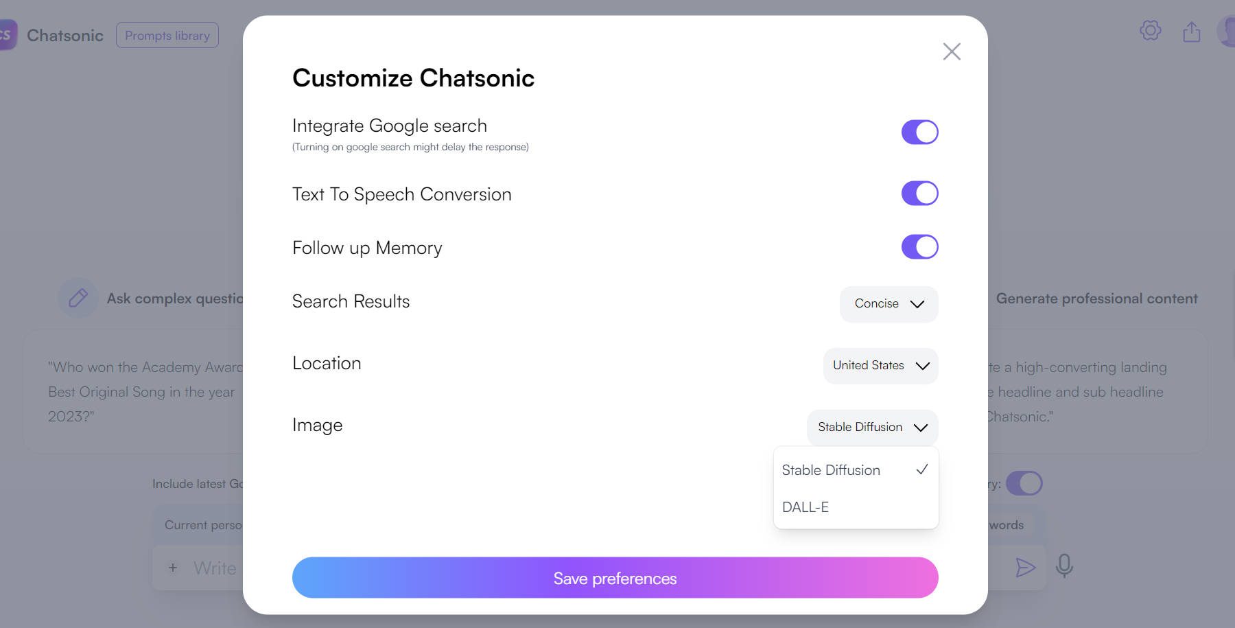 การตั้งค่าการปรับแต่งของ Chatsonic