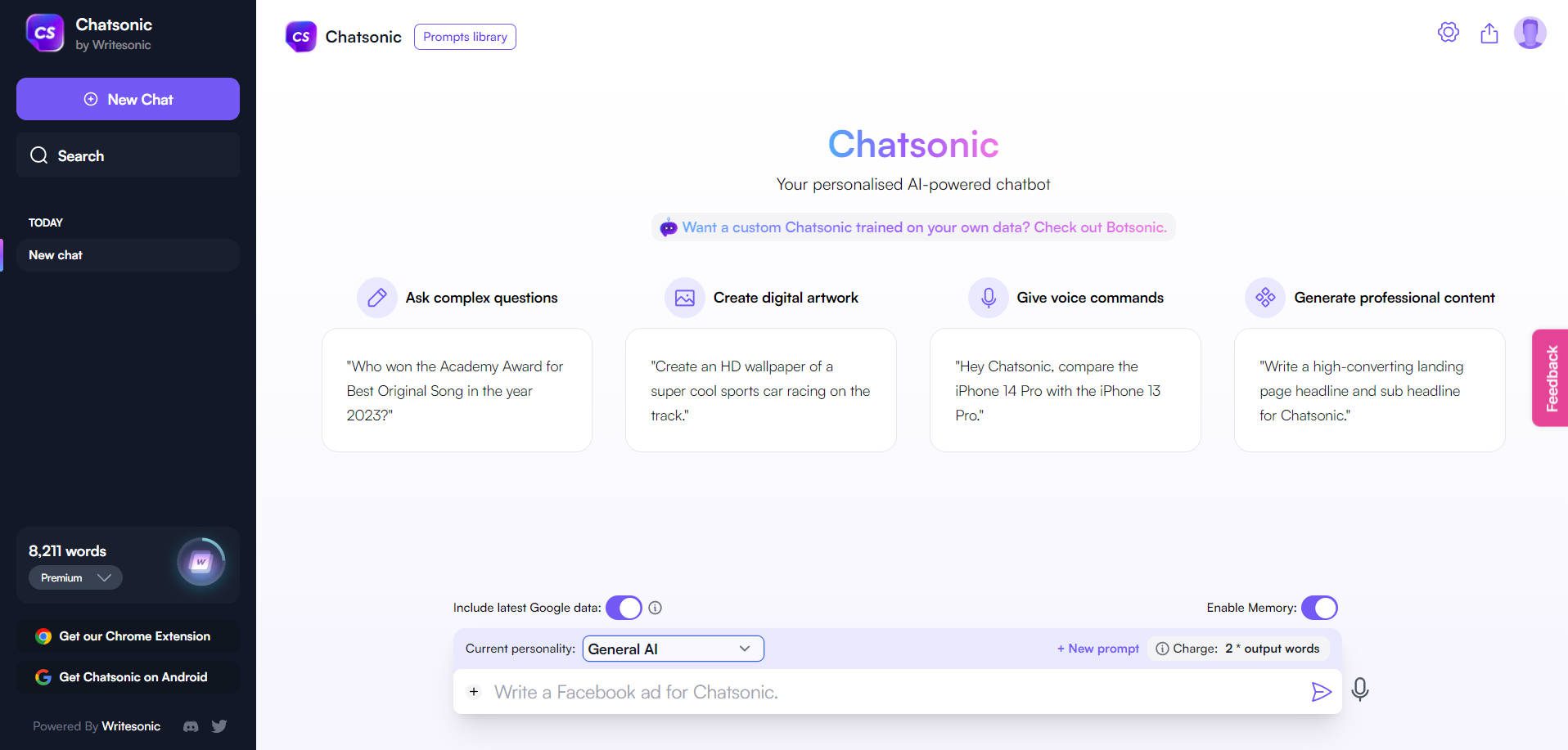 UI desordenada do Chatsonic