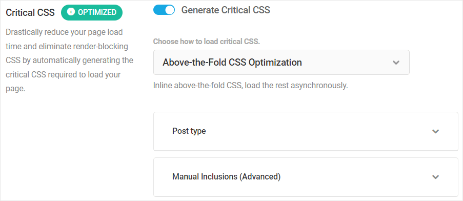 クリティカル CSS - 折りたたむ方法の上のオプションが選択されています。