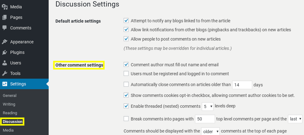 Pengaturan Diskusi di dashboard WordPress.