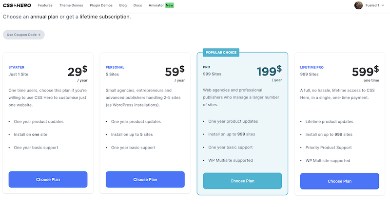 كود قسيمة CSS Hero Pricing