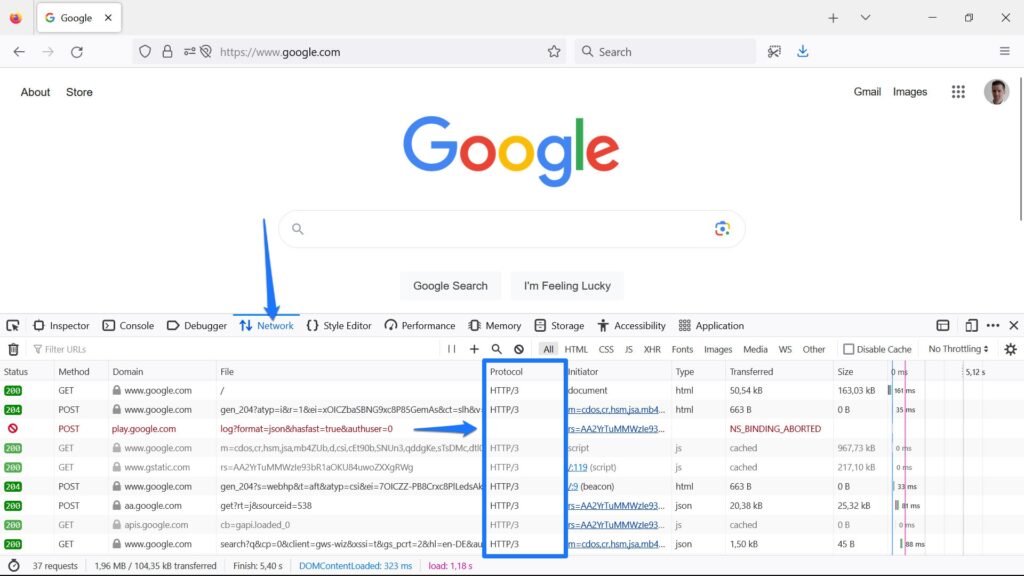 Protokół http3 aktywny na stronie głównej Google