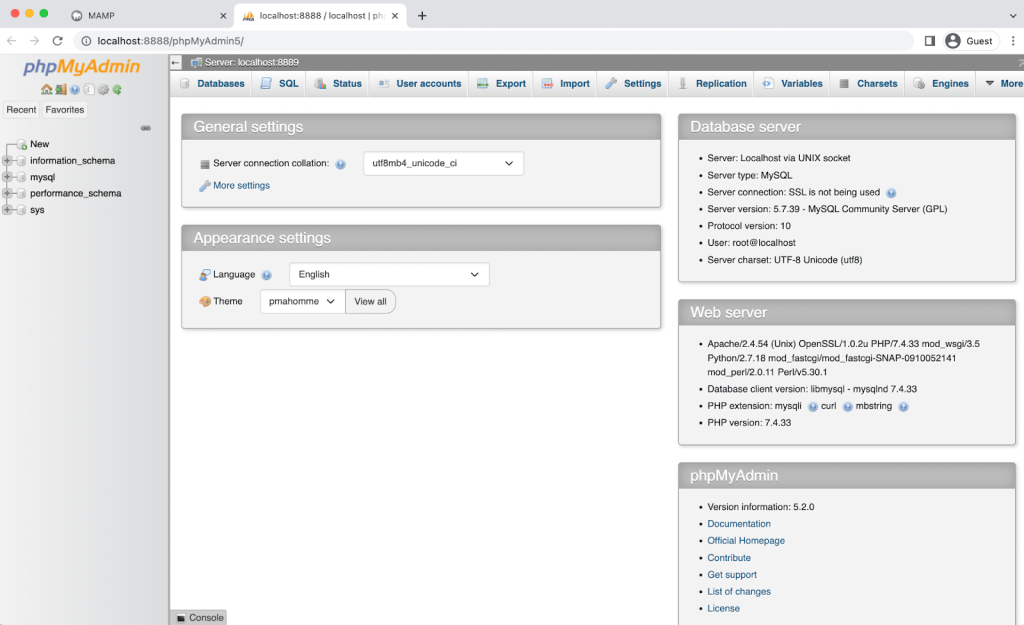 Cela ouvrira votre page phpMyAdmin.