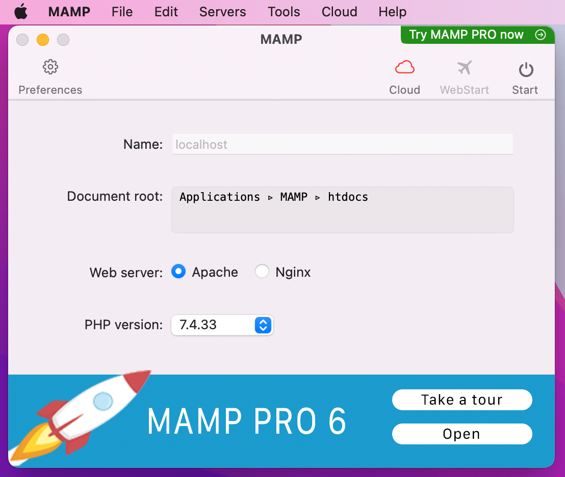 Откроется приложение MAMP.