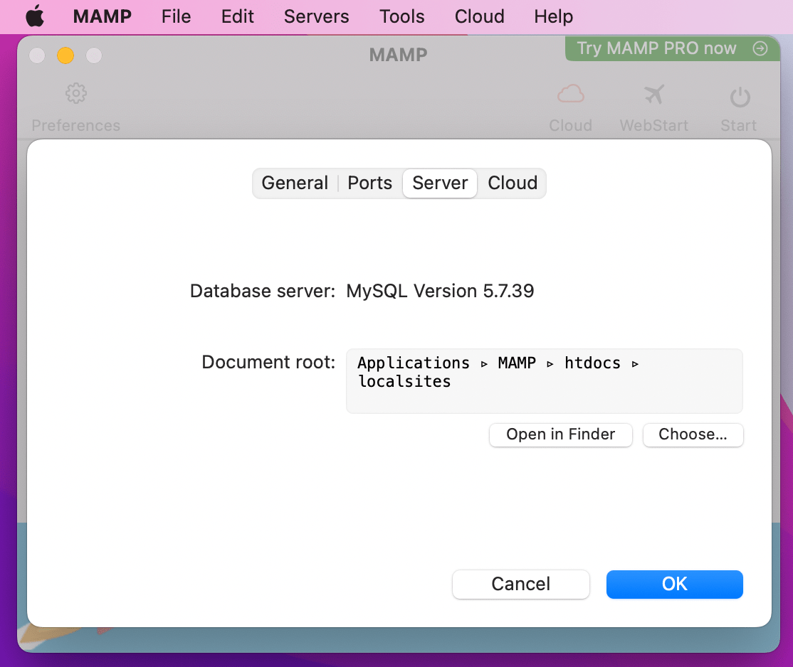 Tekan Buat lalu Pilih lagi. Anda kemudian akan melihat jalur file baru di pop up MAMP Anda.