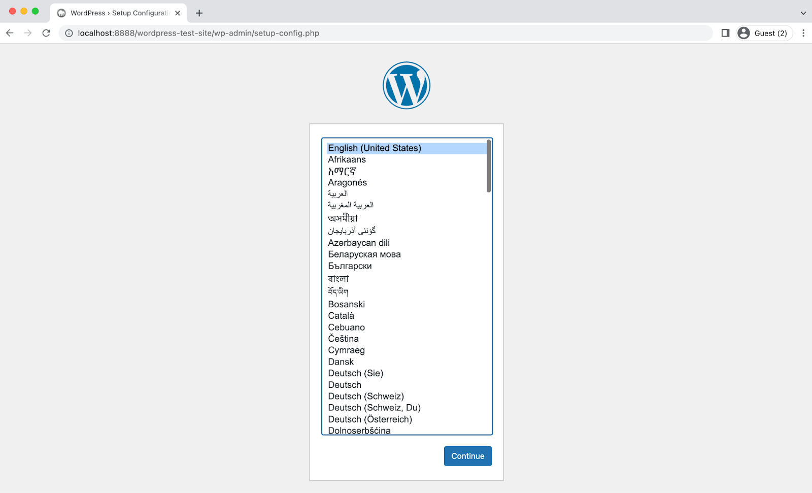 Ensuite, cliquez sur le lien pour accéder à votre installation WordPress. Si vous avez tout configuré correctement, cela devrait ouvrir votre assistant de configuration WordPress.