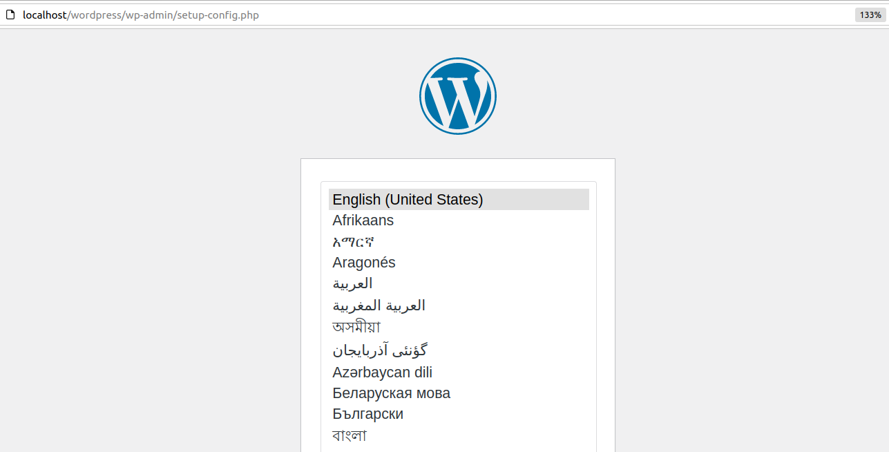 Acum puteți accesa programul de instalare WordPress folosind browserul dvs., navigând la localhost/wordpress.