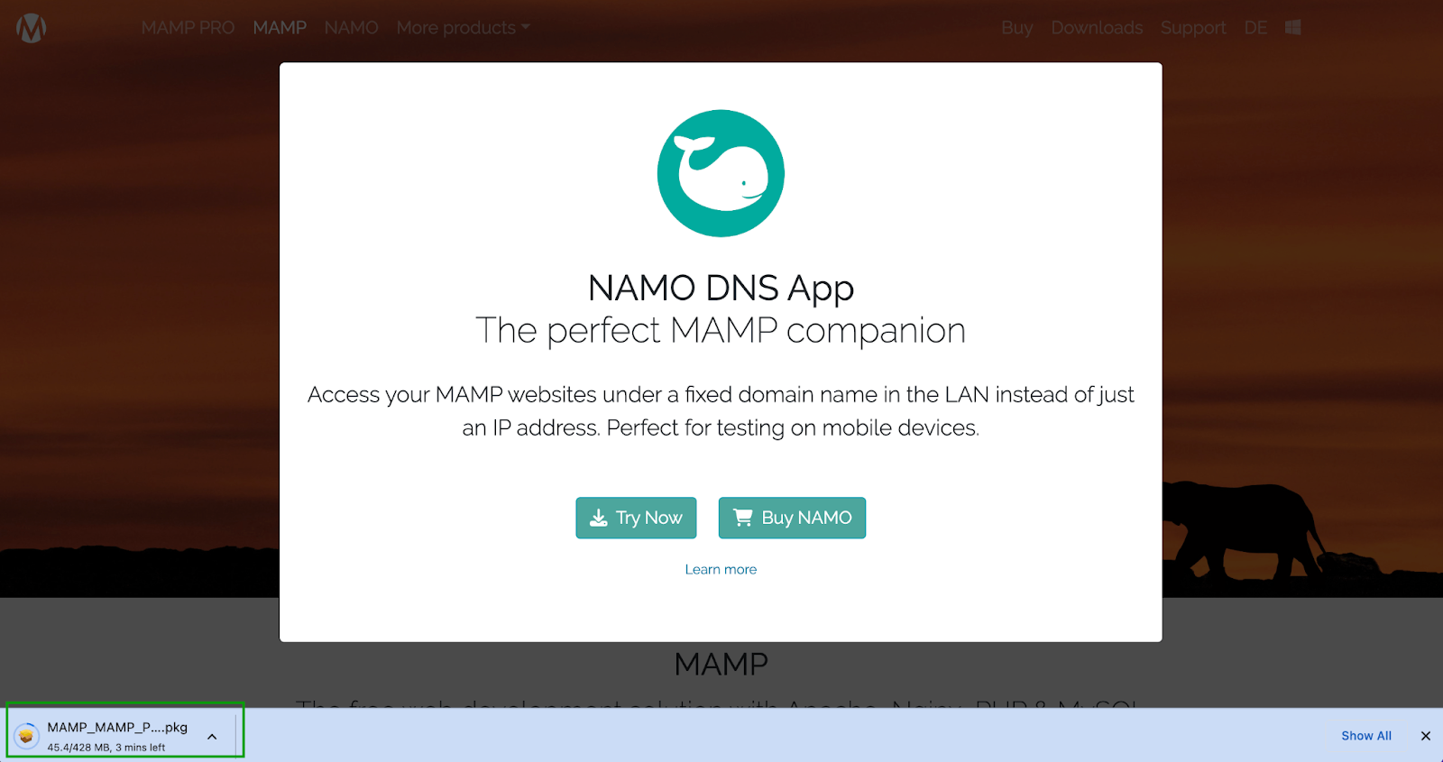 ダウンロード ボタンをクリックすると、「NAMO DNS アプリ: 完璧な MAMP コンパニオン」という画面が表示されます。