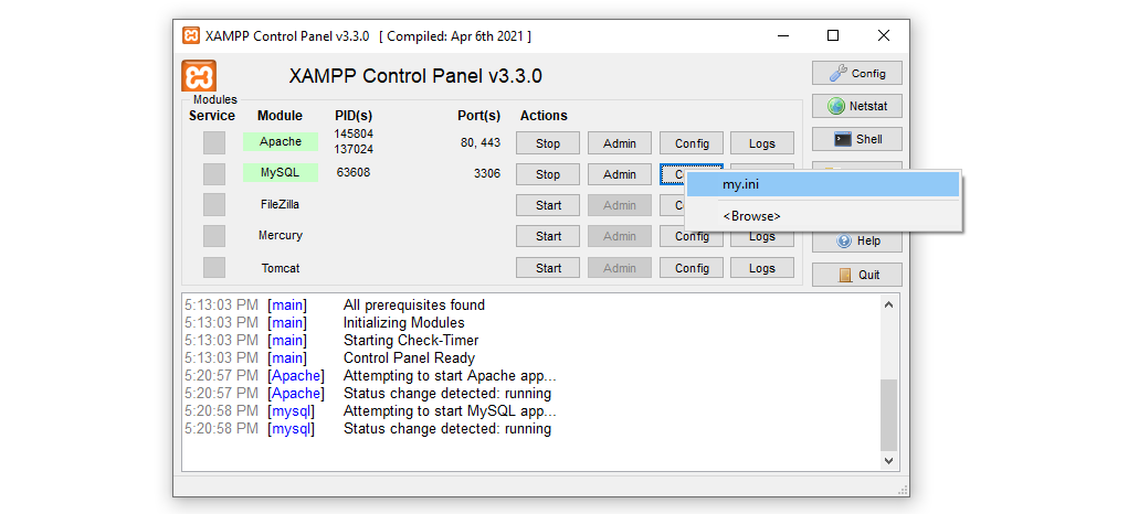 構成ファイルを閉じて、MySQL モジュールの「Config」の下にある my.ini オプションを見つけます。