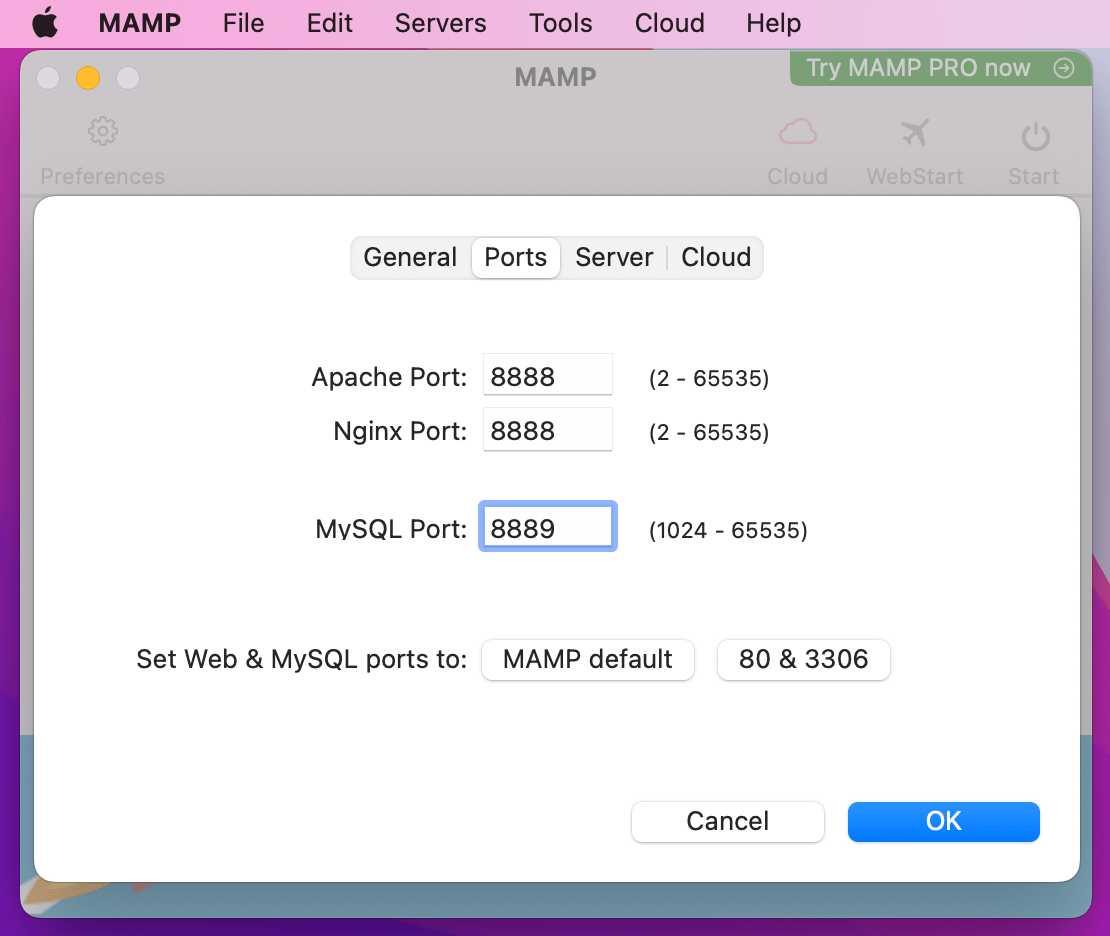 Ebenso sollte Ihr MySQL-Port auf „8889“ eingestellt sein.