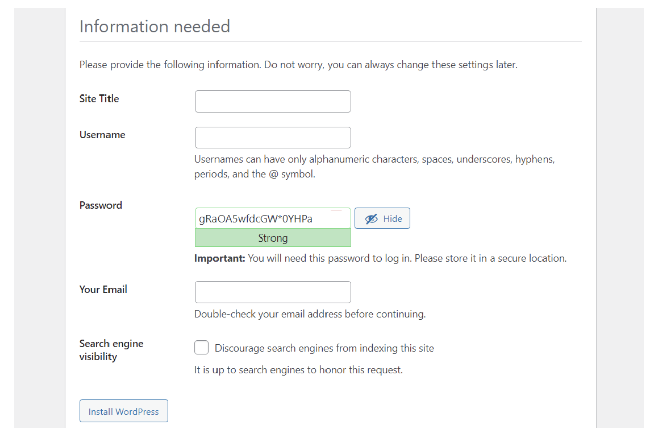 點擊“提交”，並確認您希望繼續安裝。現在 WordPress 會提示您設定管理員使用者名稱和密碼，以及網站的標題。