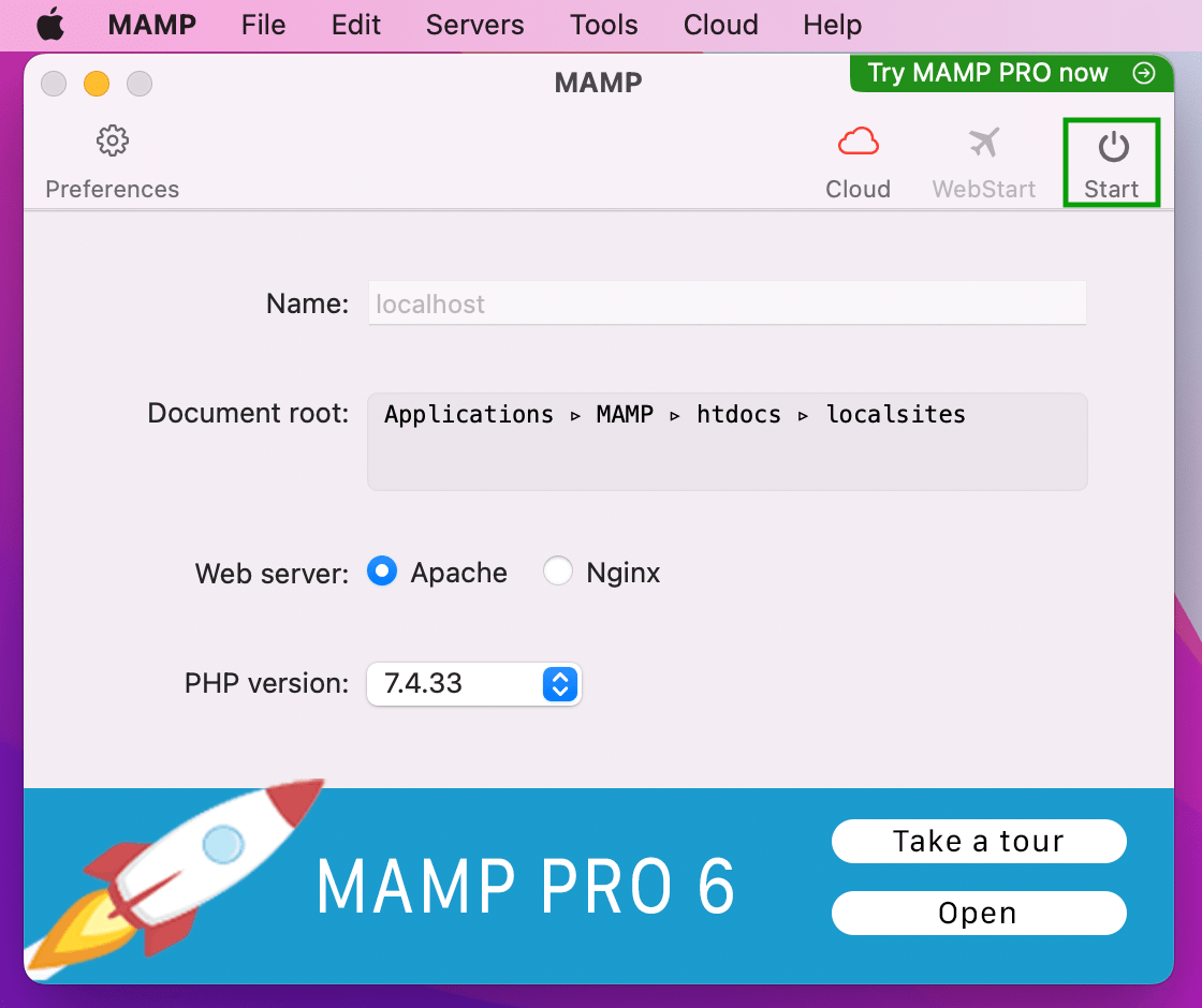 MAMP サーバーを起動する準備ができました。これを行うには、MAMP 設定の [開始] ボタンをクリックします。