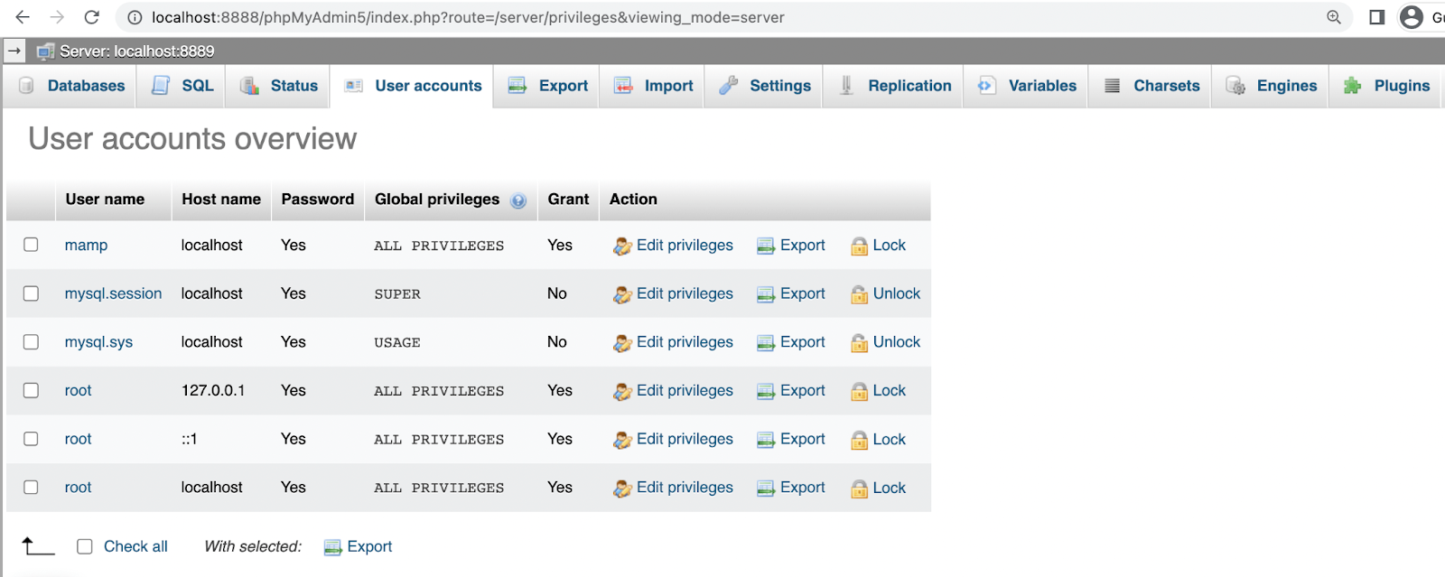 Então, retorne à tela principal do phpMyAdmin e navegue até a guia Contas de usuário.