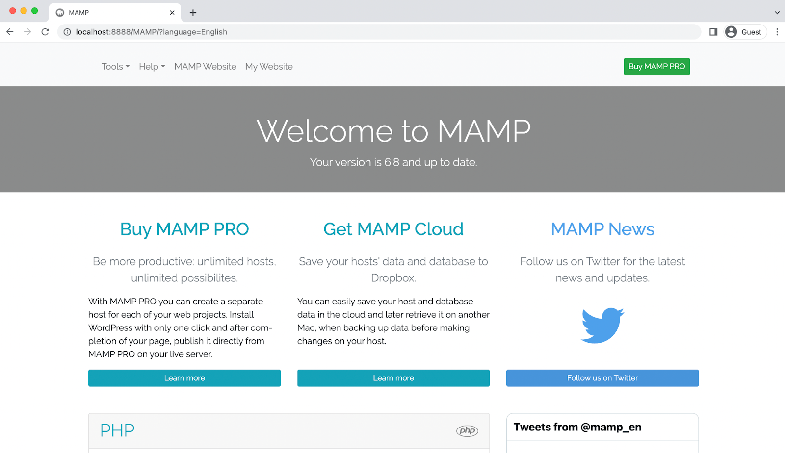 Setelah Anda menekan tombol Mulai, panel kontrol MAMP Anda akan diluncurkan di browser Anda.