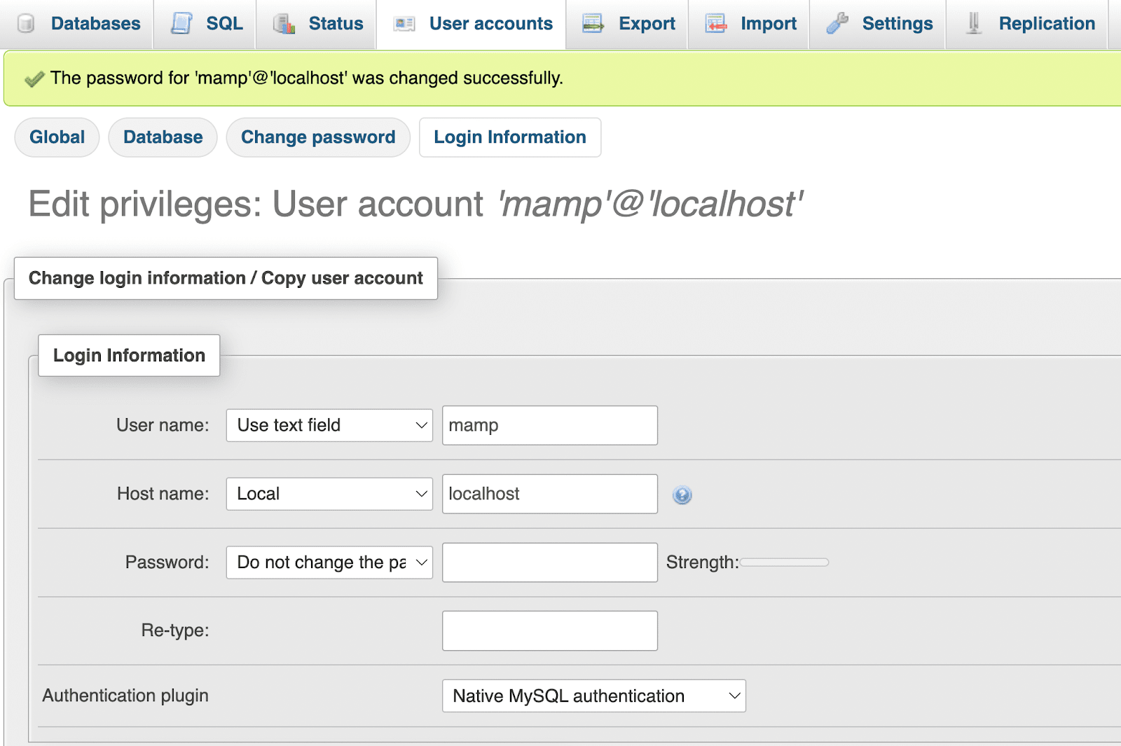 Wenn Sie Ihren Benutzernamen ändern möchten, können Sie auf die Registerkarte Anmeldeinformationen klicken. Beachten Sie andernfalls, dass Ihr Benutzername „mamp“ und Ihr Hostname „localhost“ lautet.