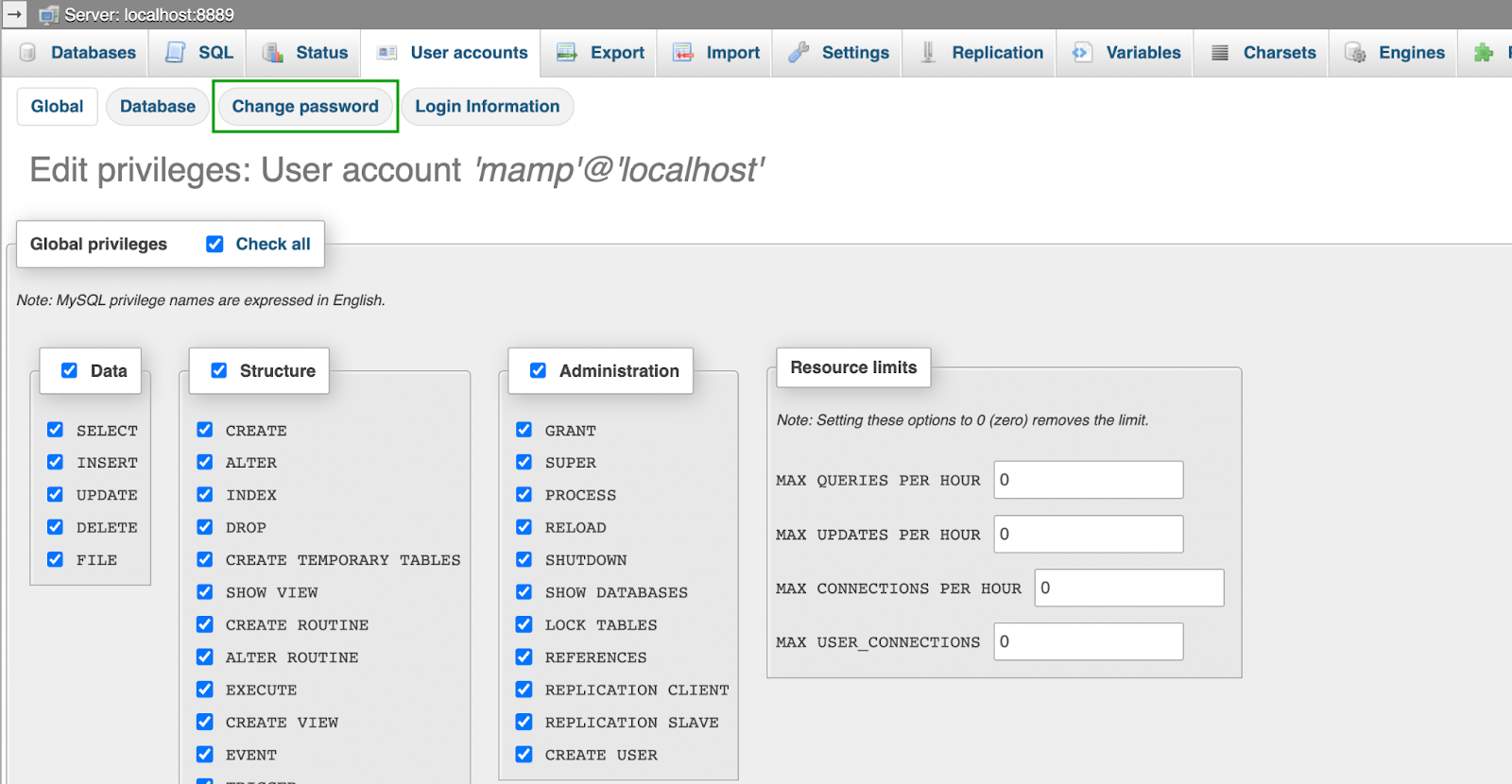 ユーザー名が mamp のアカウントを見つけて、「権限の編集」→「パスワードの変更」をクリックします。