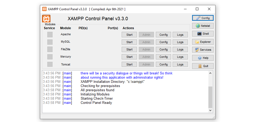 Panoul de control XAMPP - aceasta este interfața principală pe care o veți folosi pentru a vă gestiona site-urile web locale.