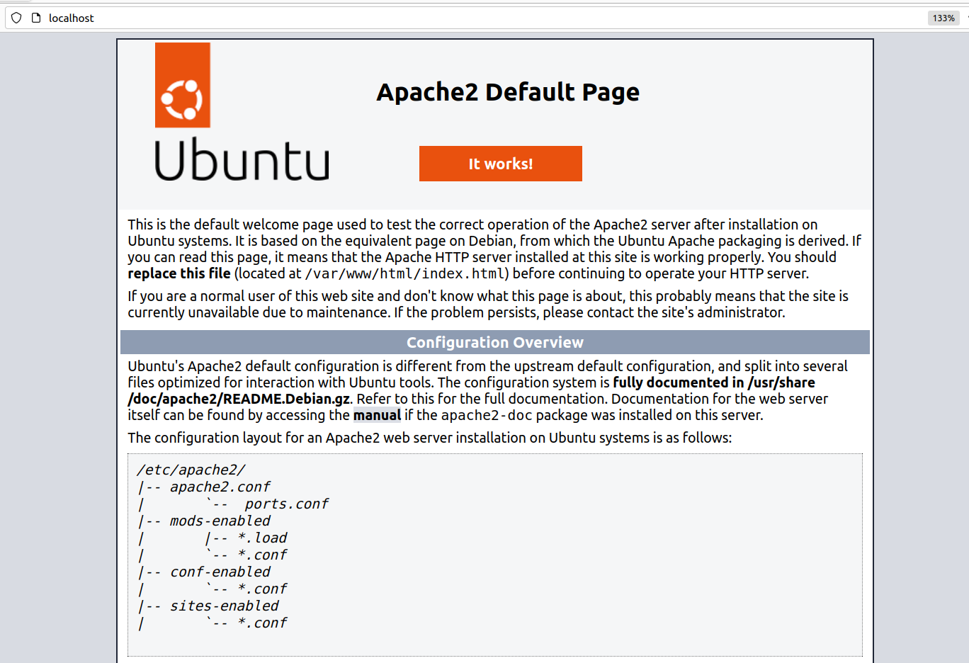 Apache が動作していることを確認するには、ブラウザを開いて localhost に移動します。 Apache ページが表示されるはずです。