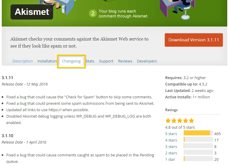 查看 Akismet WordPress 外掛程式的變更日誌