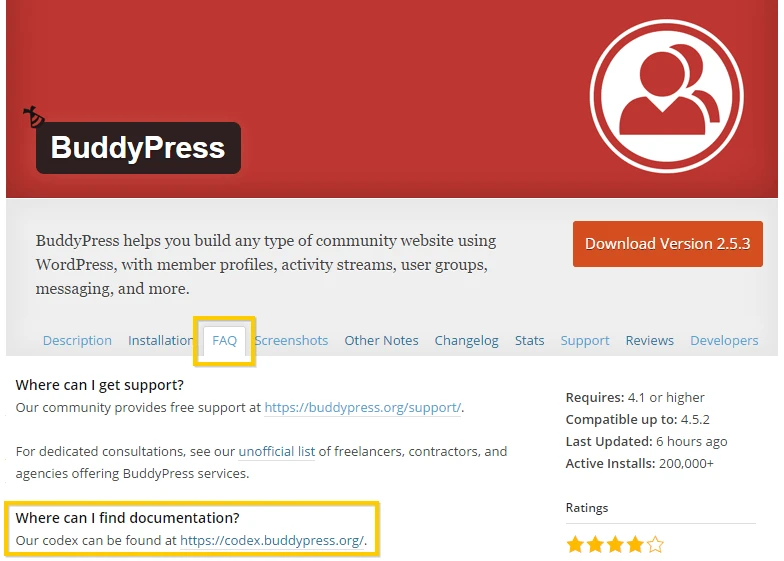 Affichage de la FAQ du plugin WordPress BuddyPress