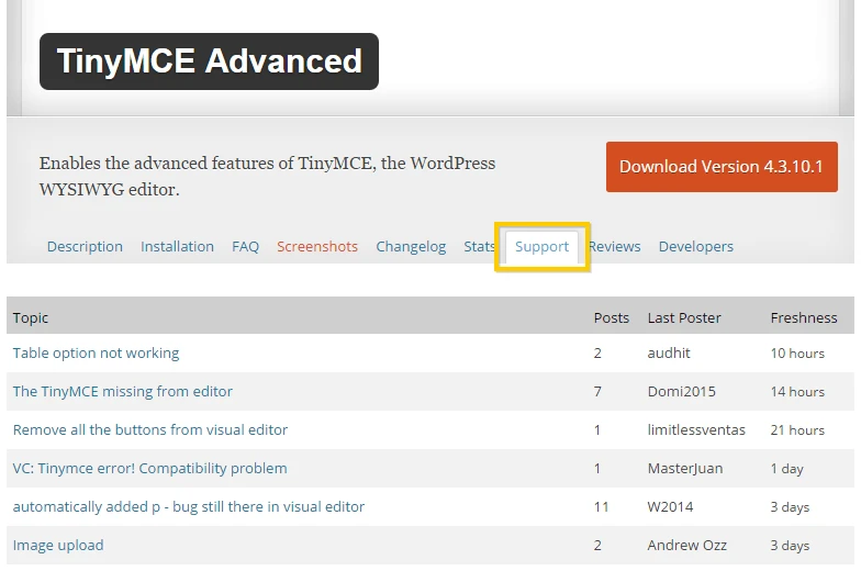 عرض منتدى دعم TinyMCE WordPress Plugin