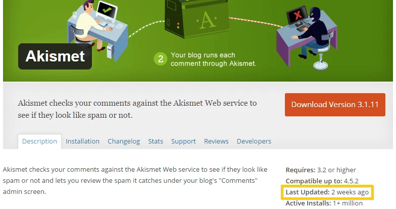 Vizualizarea ultimei actualizări a pluginului WordPress de la Akismet