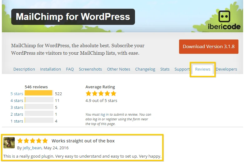 Mailchimp의 WordPress 플러그인 리뷰 보기