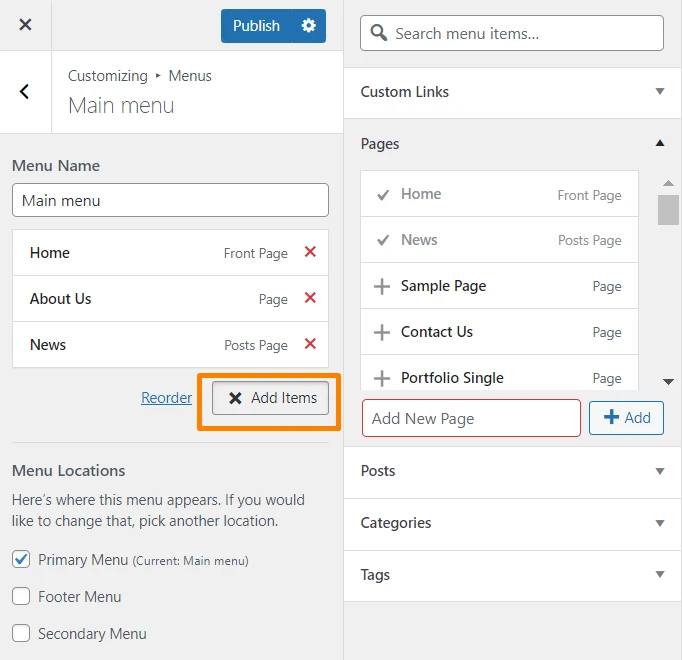 Visualizando as configurações do menu WordPress