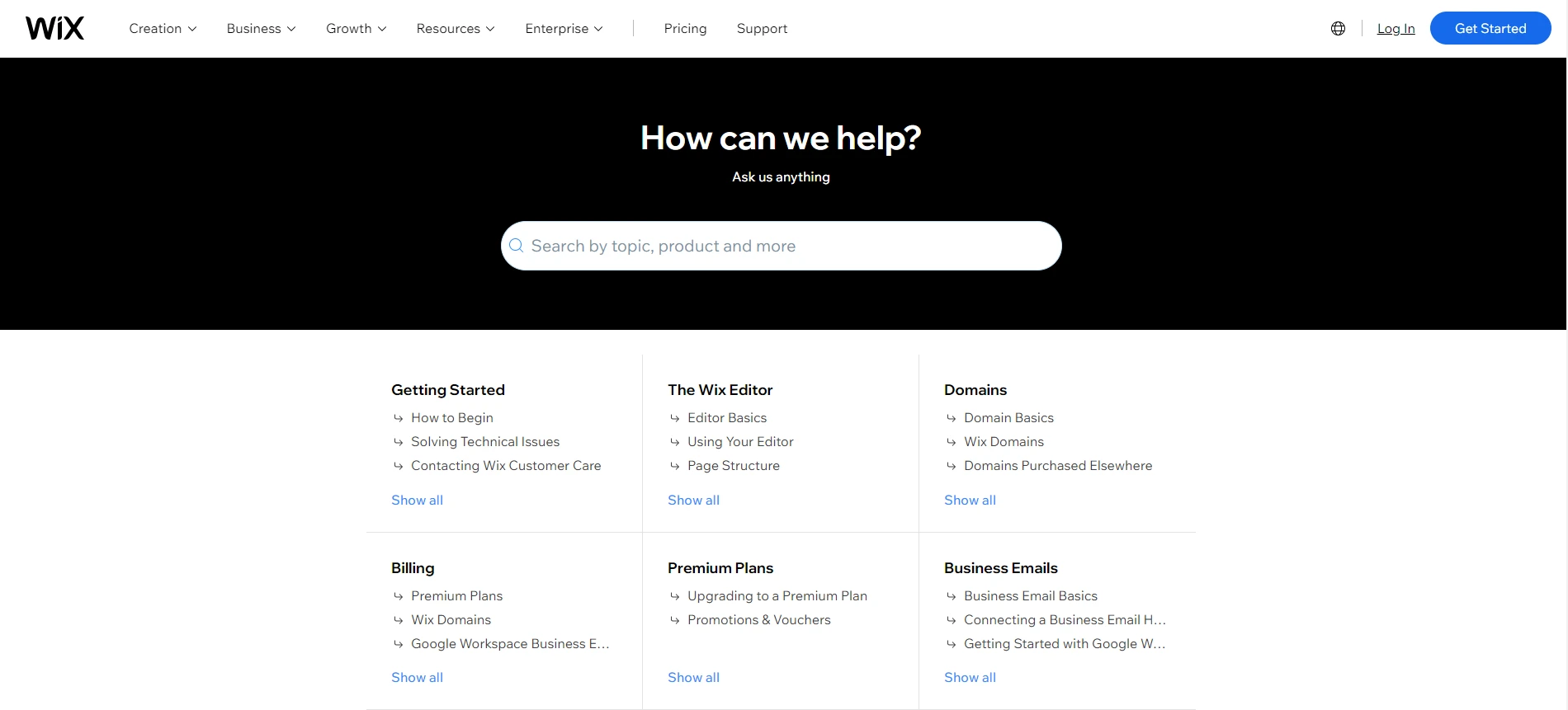 Wix のヘルプセンターのスクリーンショット。