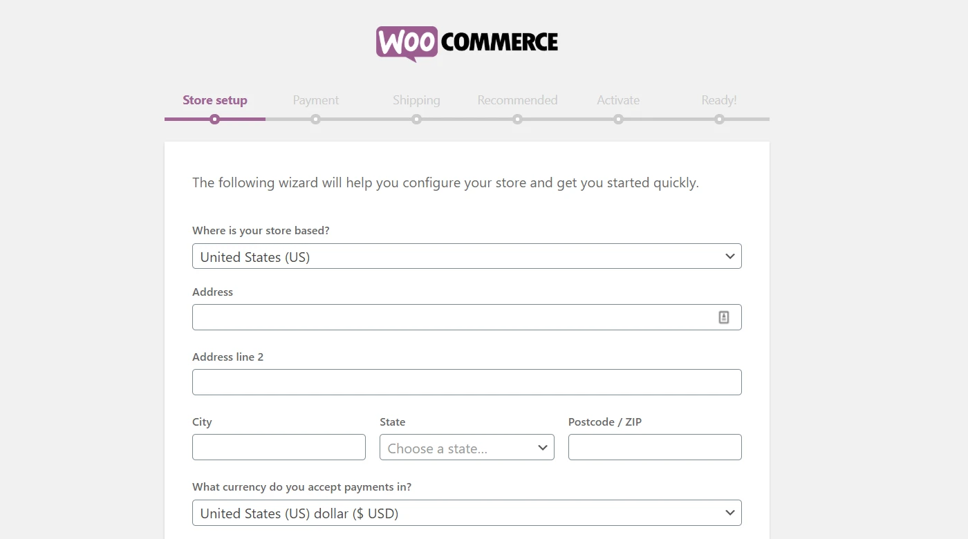 WooCommerce 튜토리얼의 다음 단계는 WooCommerce 설정 마법사를 사용하여 시작하는 것입니다.