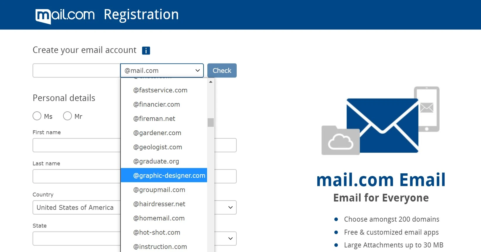 หน้าลงทะเบียน Mail.com