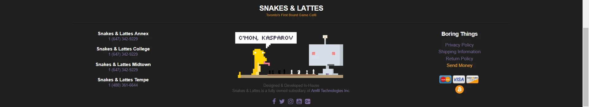 Snakes and Lattes affichant ses différents emplacements