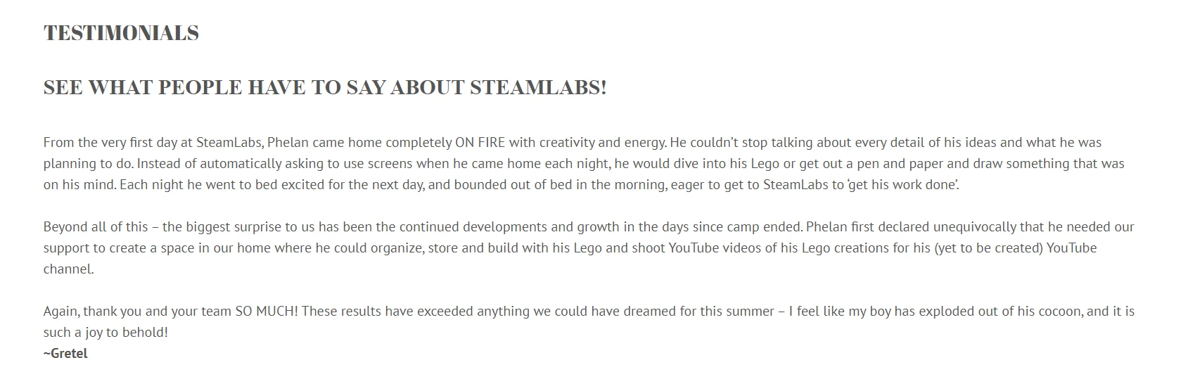 Testimonios en el sitio web de Steamlabs