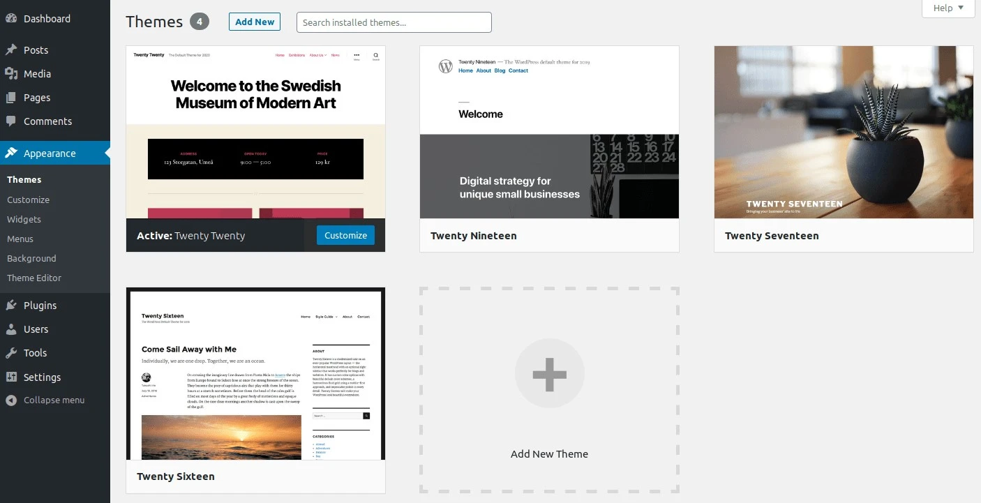 Kostenlose Themes im WordPress-Dashboard anzeigen.