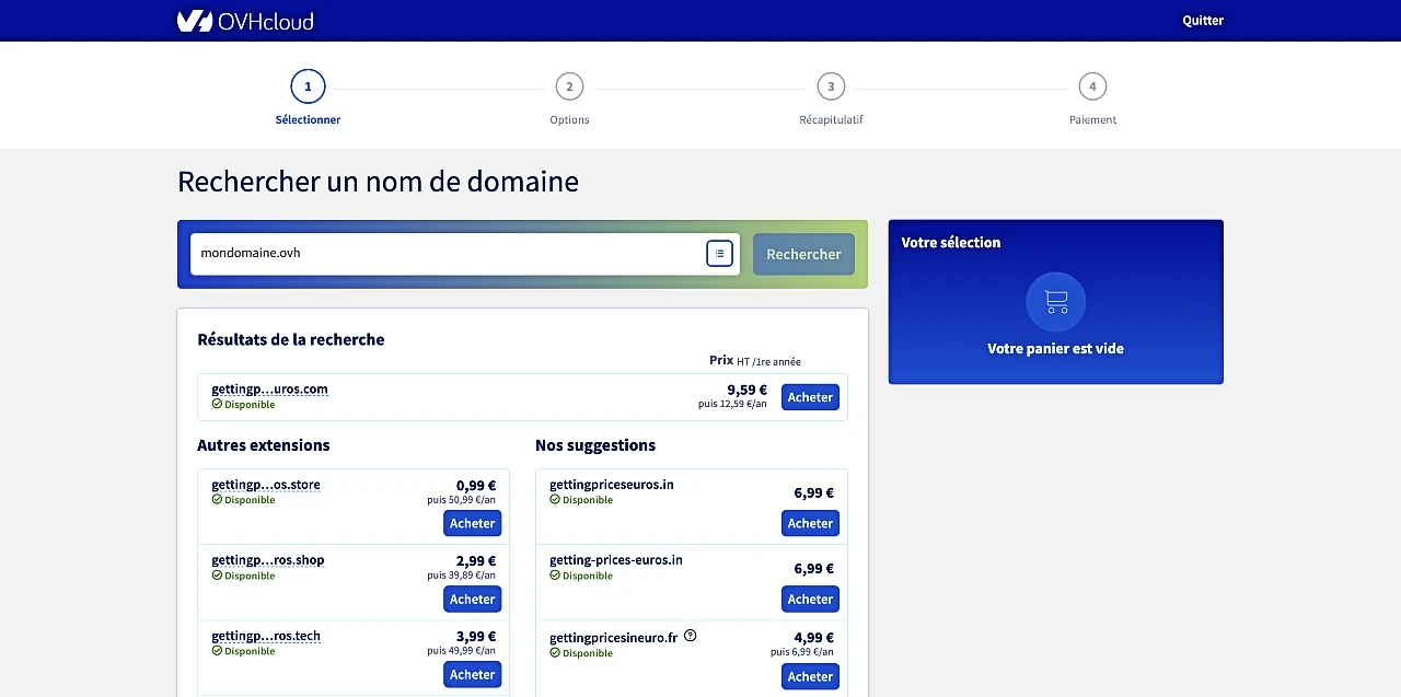 在 OVH 上購買域名並以歐元報價。