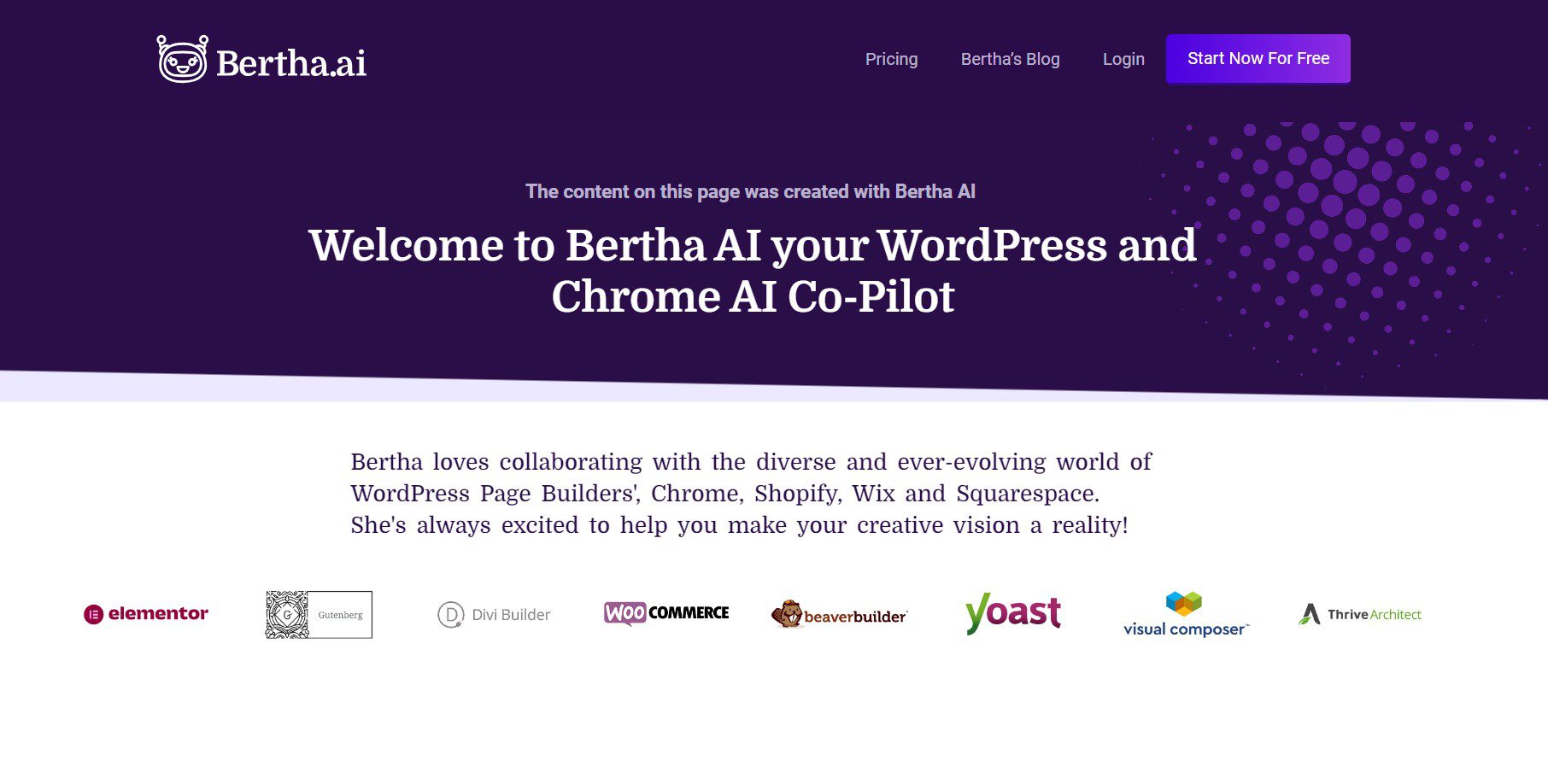 Miglior scrittore di contenuti WordPress: sezione Bertha AI Hero