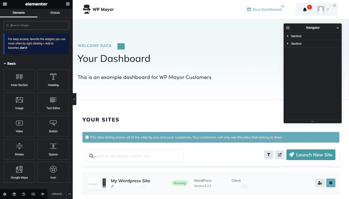 Bearbeiten einer Client-Dashboard-Seite in WordPress mit Elementor.