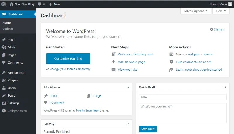 Su panel de WordPress en un blog gratuito de WordPress.